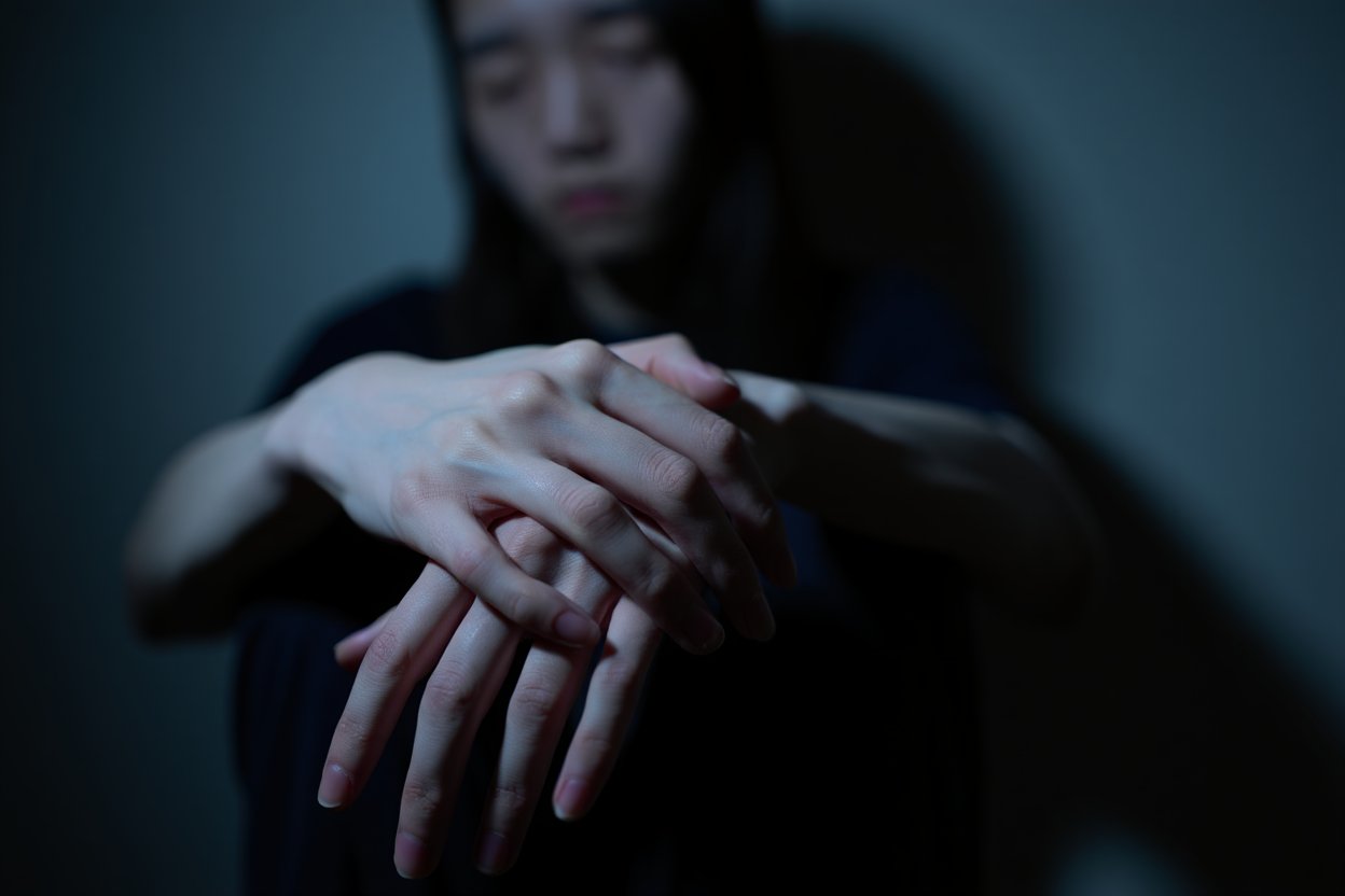 Девушка сидит у стены